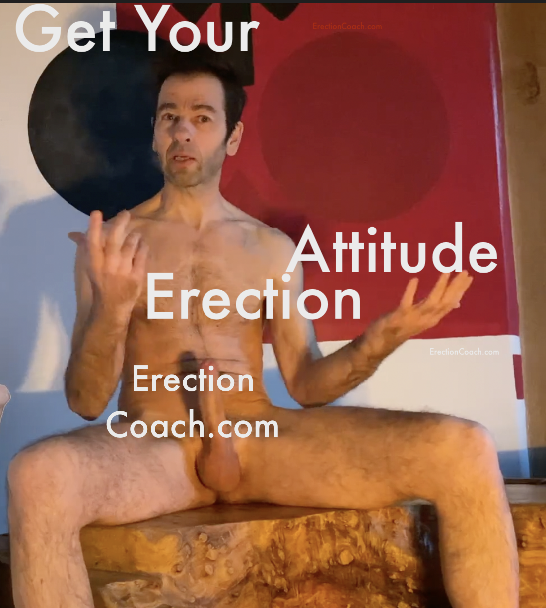 naked man sitting down with legs wide to show his erection pointing up, partly obscured with text saying erection coach